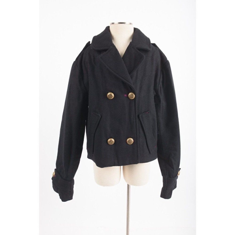 Zara Girls Black Cropped Pea Coat Jacket US 11-12 Yrs 152cm Epaulette Wool NWT